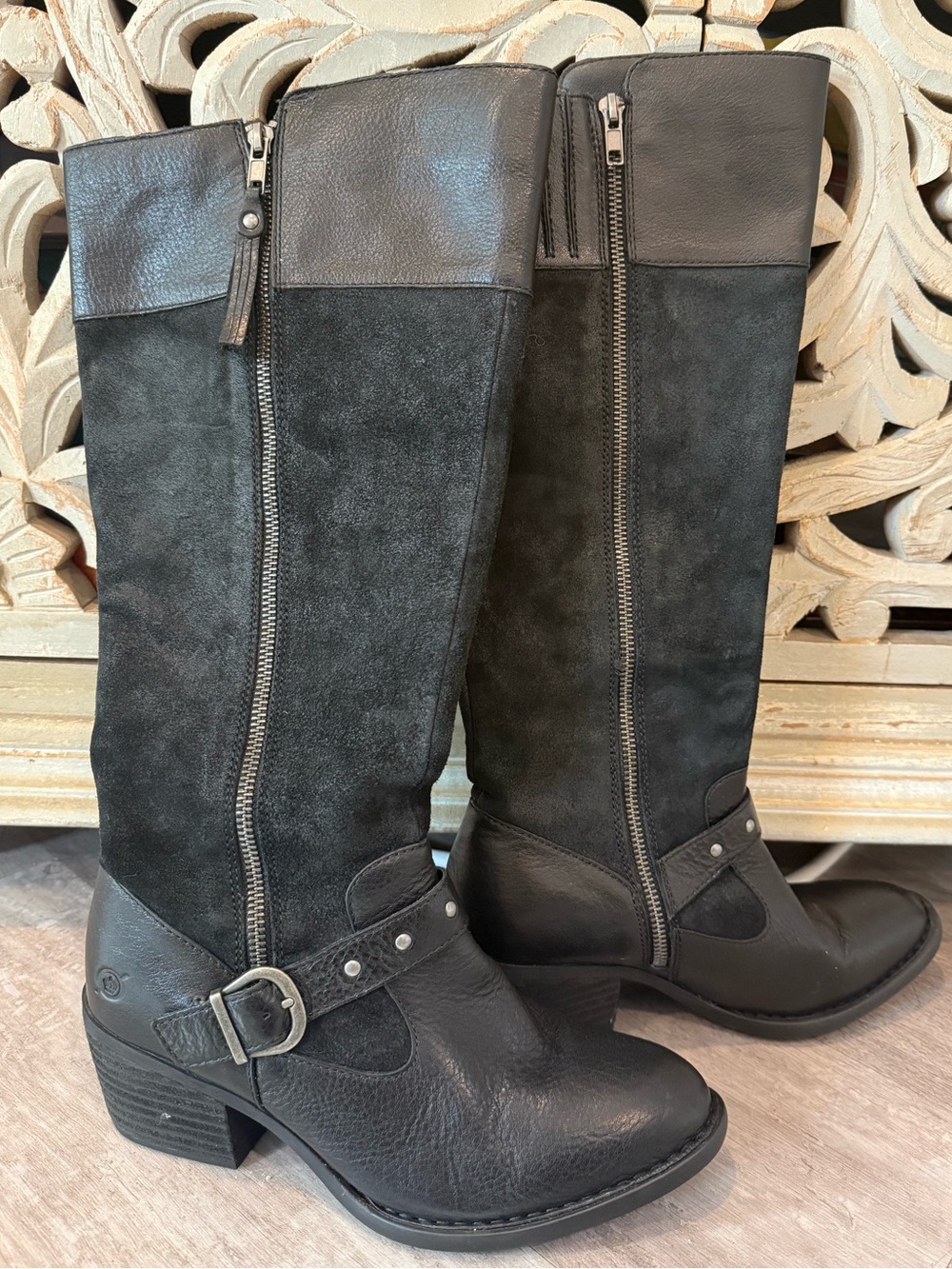 Born Leather Knee High Boots Black Buckle Riding Boots Size 7 - Picture 2 of 6